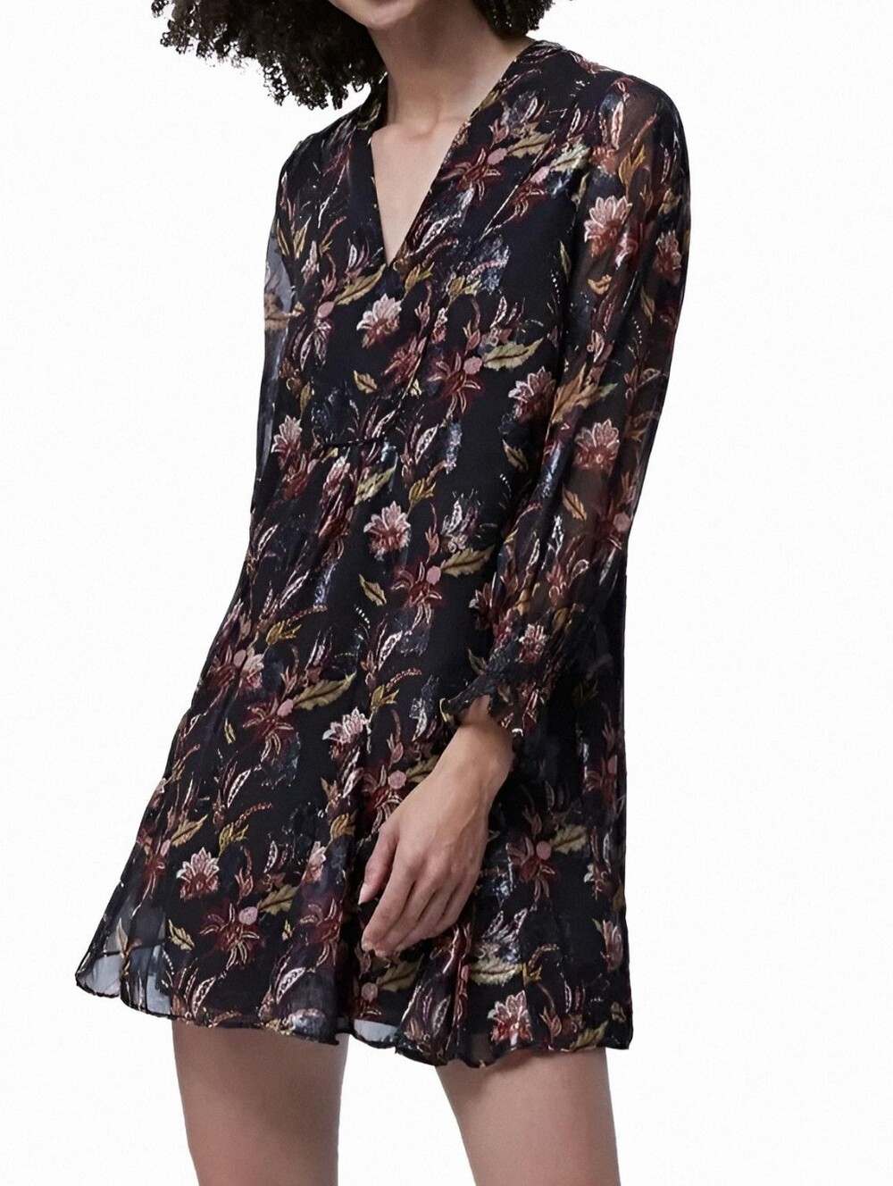FRENCH CONNECTIONWomens Sheer Printed Long Sleeve V Neck Short Shift Dress